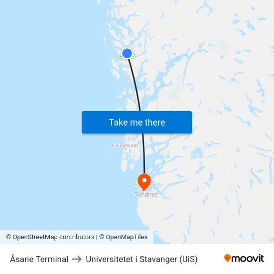 Åsane Terminal to Universitetet i Stavanger (UiS) map