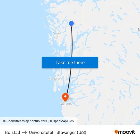 Bolstad to Universitetet i Stavanger (UiS) map