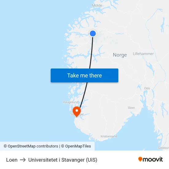 Loen to Universitetet i Stavanger (UiS) map