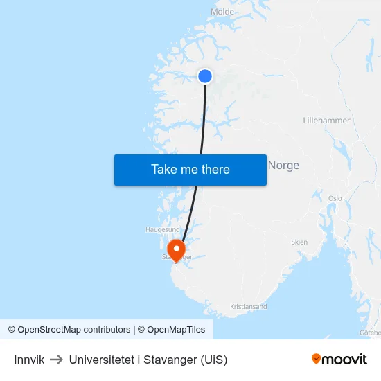 Innvik to Universitetet i Stavanger (UiS) map