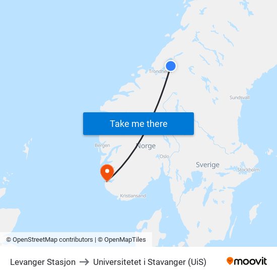 Levanger Stasjon to Universitetet i Stavanger (UiS) map