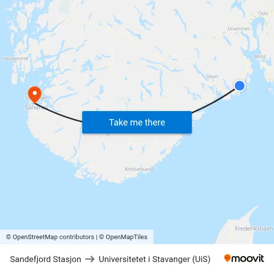 Sandefjord Stasjon to Universitetet i Stavanger (UiS) map