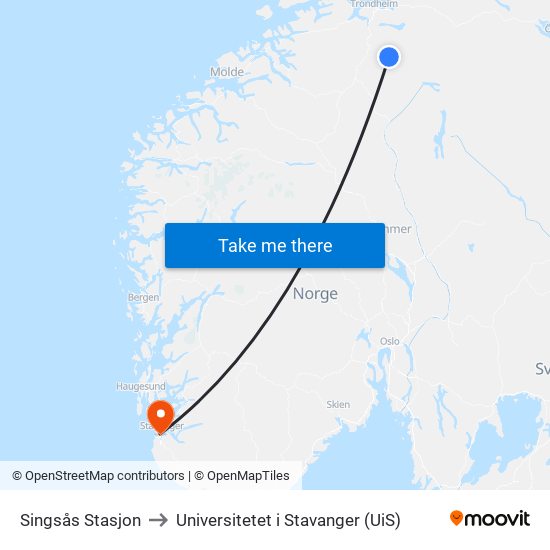 Singsås Stasjon to Universitetet i Stavanger (UiS) map