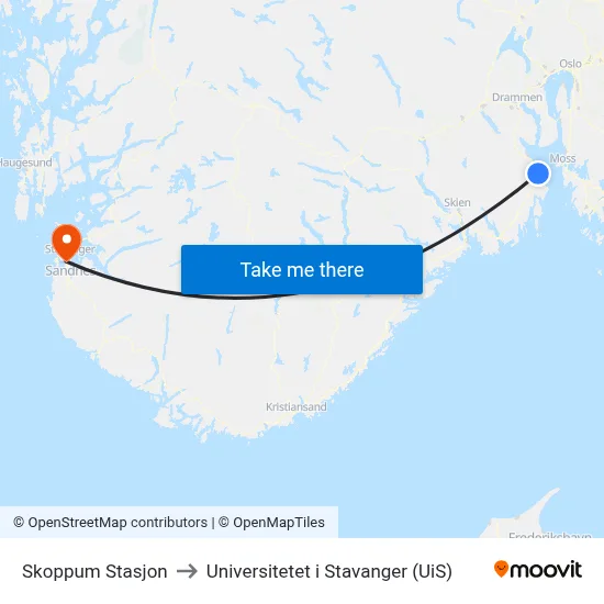 Skoppum Stasjon to Universitetet i Stavanger (UiS) map