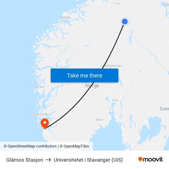 Glåmos Stasjon to Universitetet i Stavanger (UiS) map