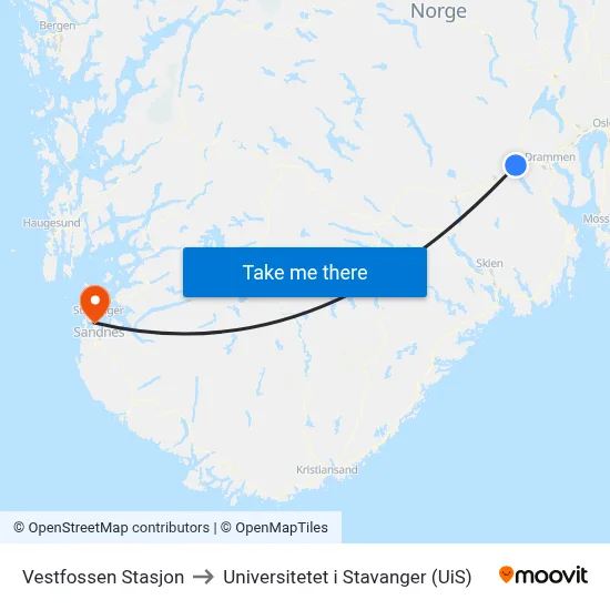 Vestfossen Stasjon to Universitetet i Stavanger (UiS) map