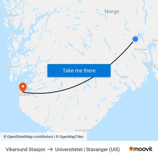 Vikersund Stasjon to Universitetet i Stavanger (UiS) map