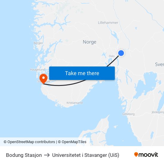 Bodung Stasjon to Universitetet i Stavanger (UiS) map