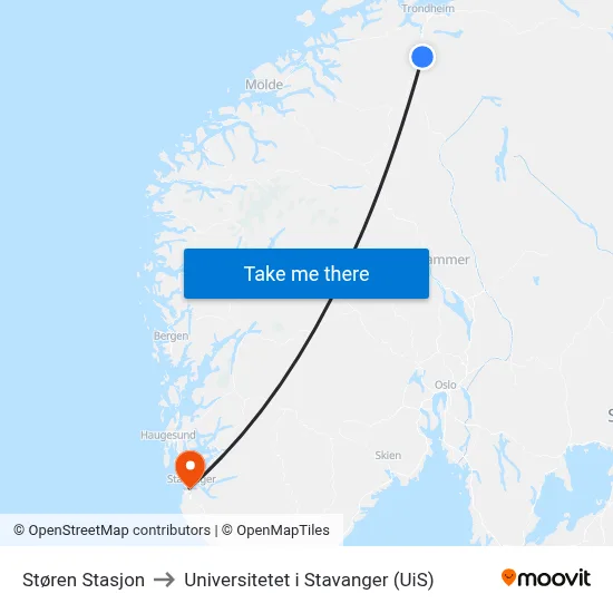 Støren Stasjon to Universitetet i Stavanger (UiS) map