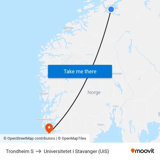 Trondheim S to Universitetet i Stavanger (UiS) map