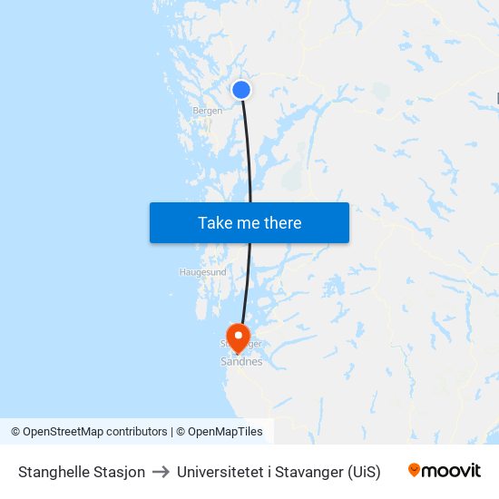 Stanghelle Stasjon to Universitetet i Stavanger (UiS) map