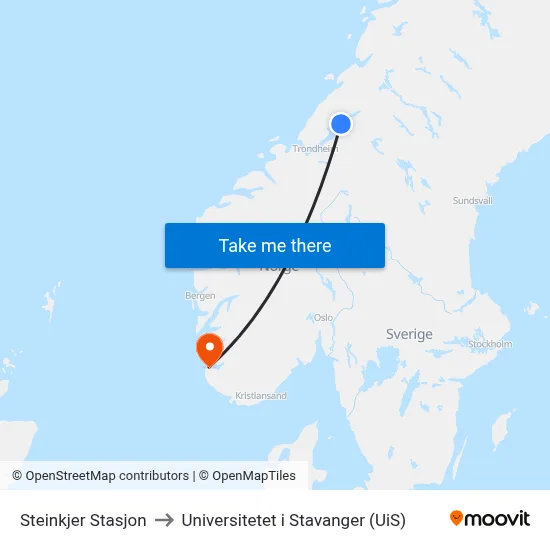 Steinkjer Stasjon to Universitetet i Stavanger (UiS) map