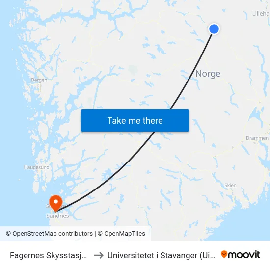 Fagernes Skysstasjon to Universitetet i Stavanger (UiS) map