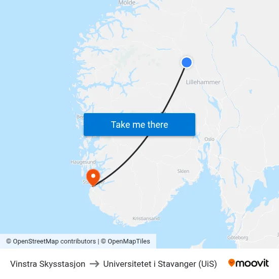 Vinstra Skysstasjon to Universitetet i Stavanger (UiS) map