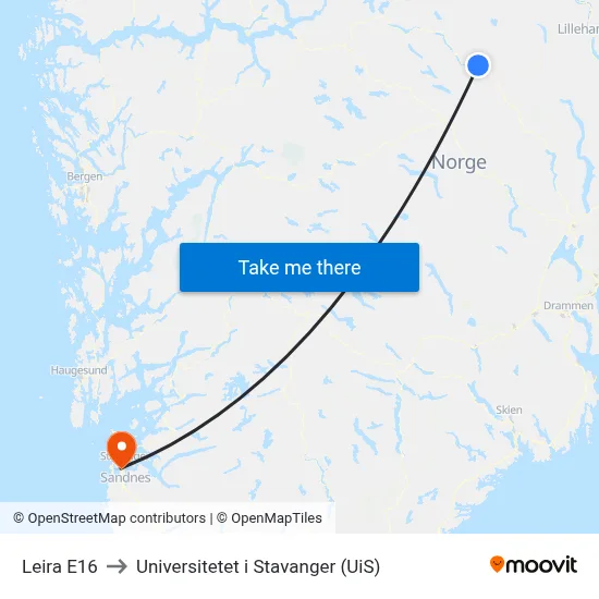 Leira E16 to Universitetet i Stavanger (UiS) map