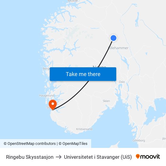 Ringebu Skysstasjon to Universitetet i Stavanger (UiS) map