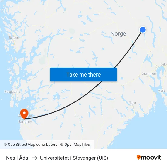 Nes I Ådal to Universitetet i Stavanger (UiS) map