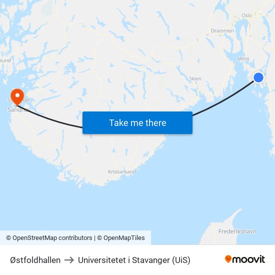 Østfoldhallen to Universitetet i Stavanger (UiS) map