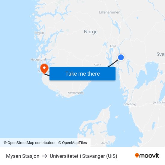 Mysen Stasjon to Universitetet i Stavanger (UiS) map