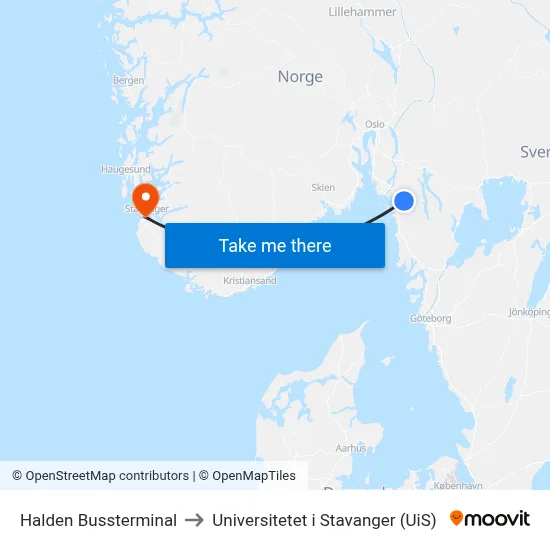 Halden Bussterminal to Universitetet i Stavanger (UiS) map