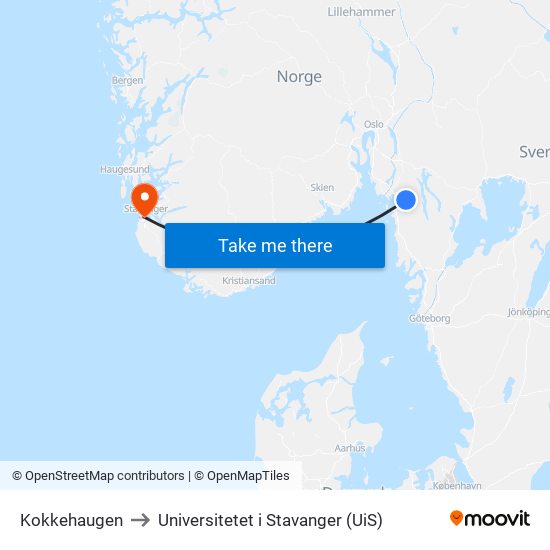 Kokkehaugen to Universitetet i Stavanger (UiS) map