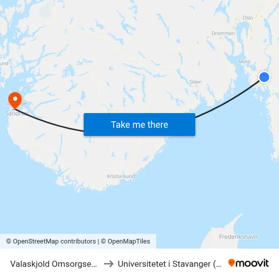 Valaskjold Omsorgsenter to Universitetet i Stavanger (UiS) map
