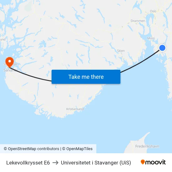 Lekevollkrysset E6 to Universitetet i Stavanger (UiS) map