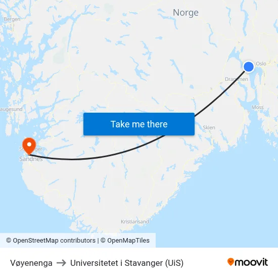 Vøyenenga to Universitetet i Stavanger (UiS) map
