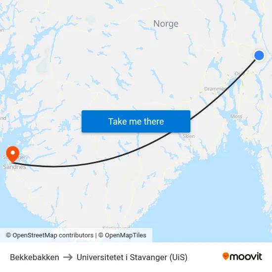 Bekkebakken to Universitetet i Stavanger (UiS) map
