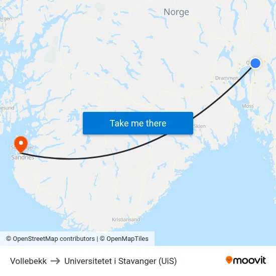 Vollebekk to Universitetet i Stavanger (UiS) map
