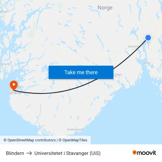 Blindern to Universitetet i Stavanger (UiS) map