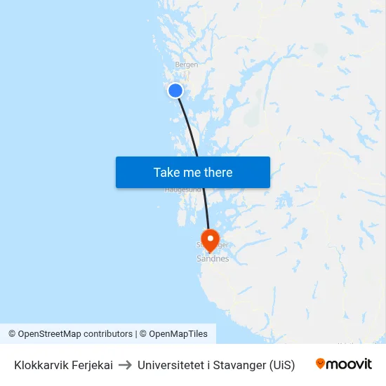 Klokkarvik Ferjekai to Universitetet i Stavanger (UiS) map