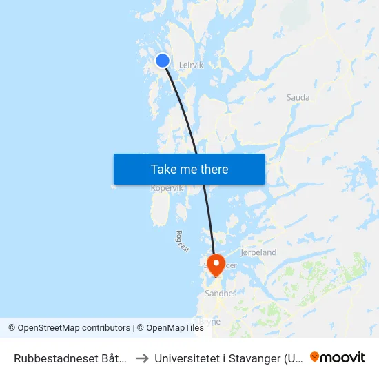 Rubbestadneset Båtkai to Universitetet i Stavanger (UiS) map