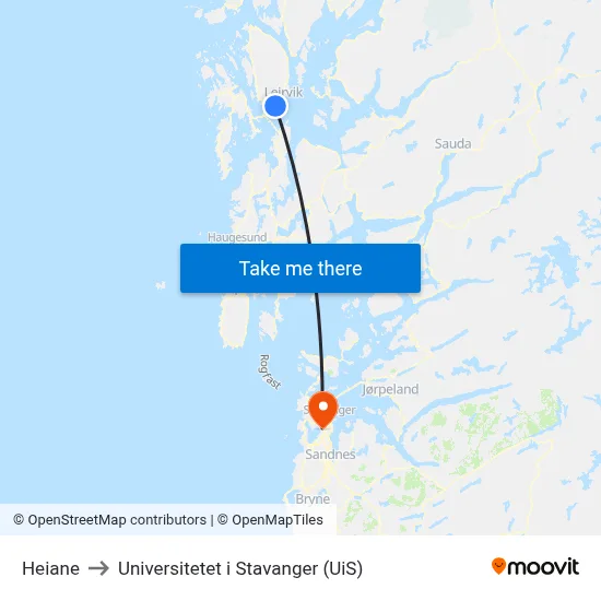 Heiane to Universitetet i Stavanger (UiS) map