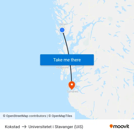 Kokstad to Universitetet i Stavanger (UiS) map