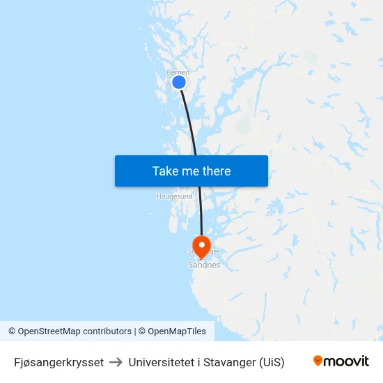 Fjøsangerkrysset to Universitetet i Stavanger (UiS) map