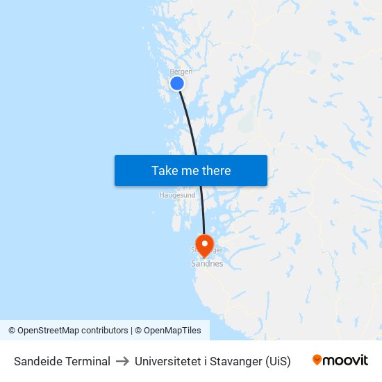 Sandeide Terminal to Universitetet i Stavanger (UiS) map