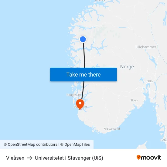Vieåsen to Universitetet i Stavanger (UiS) map