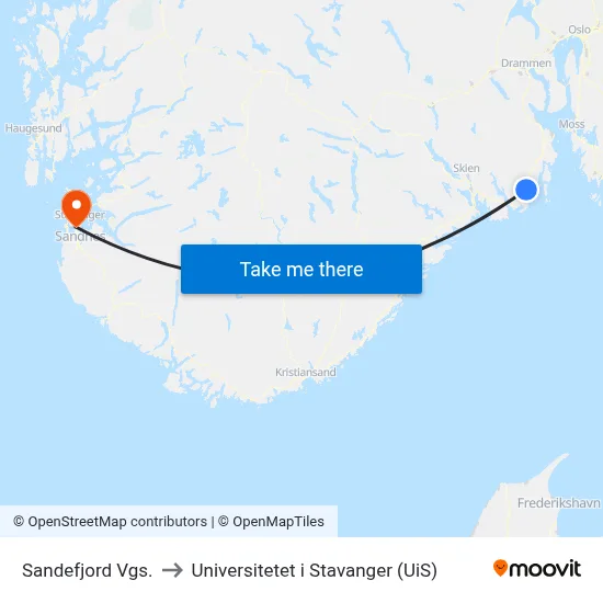 Sandefjord Vgs. to Universitetet i Stavanger (UiS) map