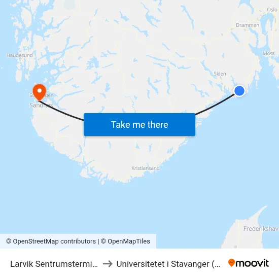 Larvik Sentrumsterminal to Universitetet i Stavanger (UiS) map