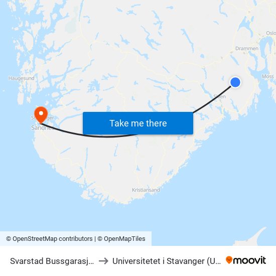 Svarstad Bussgarasjen to Universitetet i Stavanger (UiS) map