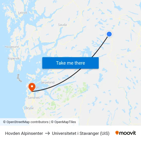 Hovden Alpinsenter to Universitetet i Stavanger (UiS) map