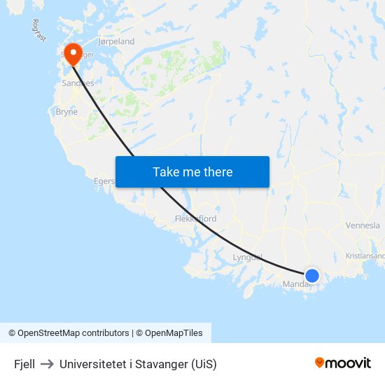 Fjell to Universitetet i Stavanger (UiS) map