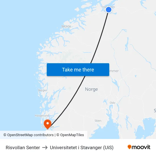 Risvollan Senter to Universitetet i Stavanger (UiS) map