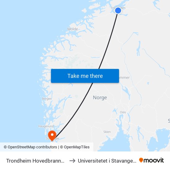 Trondheim Hovedbrannstasjon to Universitetet i Stavanger (UiS) map