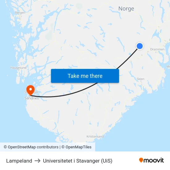 Lampeland to Universitetet i Stavanger (UiS) map