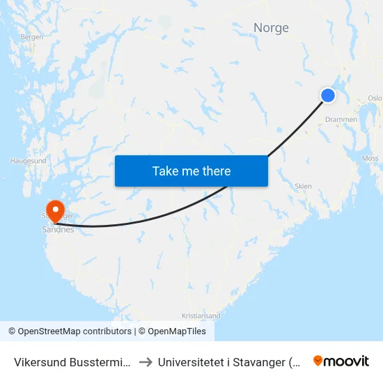 Vikersund Bussterminal to Universitetet i Stavanger (UiS) map
