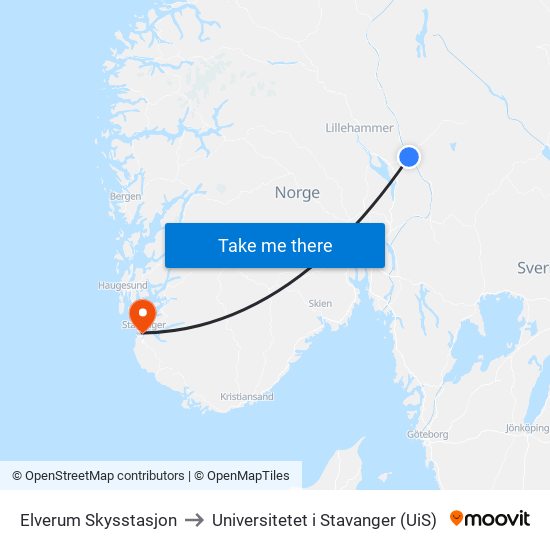 Elverum Skysstasjon to Universitetet i Stavanger (UiS) map