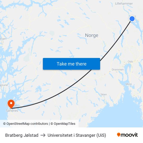 Bratberg Jølstad to Universitetet i Stavanger (UiS) map