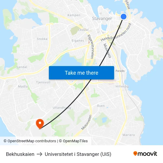 Bekhuskaien to Universitetet i Stavanger (UiS) map